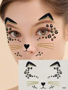 1pc Cute Sparkly Diamante Cat Design Diy Face Sticker,Concert Look,Face Gems,Rhinestone Face Sticker - Multicolor - View 8