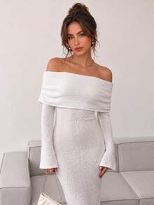 SUNSTORY Women's Autumn Fitted Off-Shoulder Short Knit Dress, Party Gathering Commute Wedding Guest Back To School Dance Christmas - Champagne - View 6