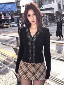 Pure Desire Lace Patchwork V-Neck Knitted Cardigan Women Autumn/Winter Black Vertical Ribbed Slim Fit Waist-Cinching Hollow-Out Sexy Long Sleeve Base Layer Short Top - Black - View 5