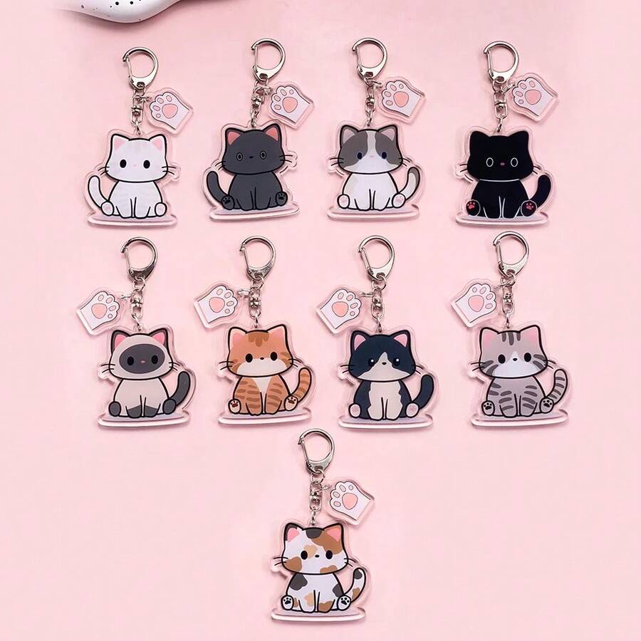 1/9pcs Cartoon Pet Cat Lover Acrylic Car Keychain Cute Backpack Pendant Fun Bag Charm Decoration Holiday Gift - White - View 1