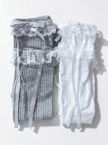 1 Pair Women's Double Layer Lace Trim Bow Mid-Calf Socks, Sweet Lolita JK Style Ribbed Knit Layered Lace Ruffle Socks, Cute Satin Ribbon Bow Decor Mid-Calf Socks, Soft Breathable Casual Socks, Vintage Slouch Socks, Suitable For Denim Boots, Riding Boots, Girls Daily Outfit, Cosplay Outfit - Multicolor - View 13