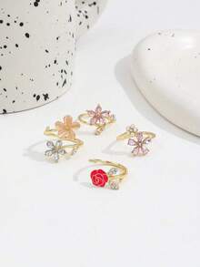 4pcs/Set Lovely Pink Rose Flower Adjustable Rings, Faux Pearl Diamond Decor Five-Petal Floral Ring Set For Women - Multicolor - View 3