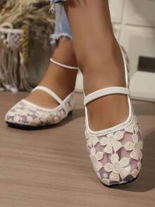 Square Toe Shallow Ballet Shoes With Hollowed Out Mesh Embroidery Flat Sole, Breathable, Lightweight,Exquisite,Elegant,Comfortable For Daily Commuting - White - View 7