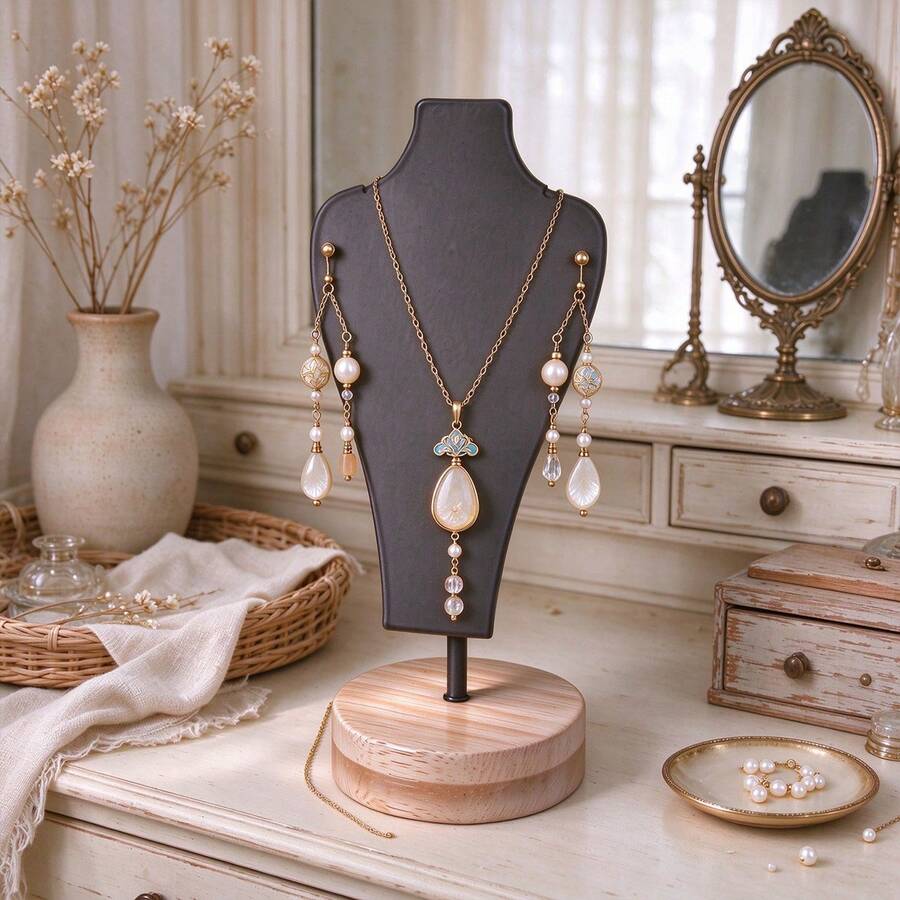 1pc Luxury Iron & Wood Jewelry Display Stand, Necklace, Bracelet, Pendant Organizer Rack For Shop Display Back To School