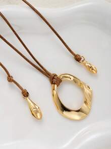 1pc Bohemian Style Brown Rope Exaggerated Asymmetrical Geometric Gold Hollow Large Metal Pendant Adjustable Necklace Lightweight Niche Long Necklace For Women - Gold - View 4