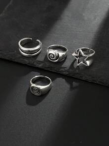 4pcs Vintage Silver Spiral Star Ring Set, Retro Subculture Hollow Pentagram Stackable Open Rings, Versatile For Daily Wear, Halloween Essential, Father's Day Gift, Husband Gift - Silver - View 7