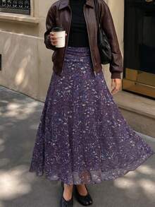 Women's All-Over Print Pleated Casual Versatile Daily Wear Skirt - Purple - View 1