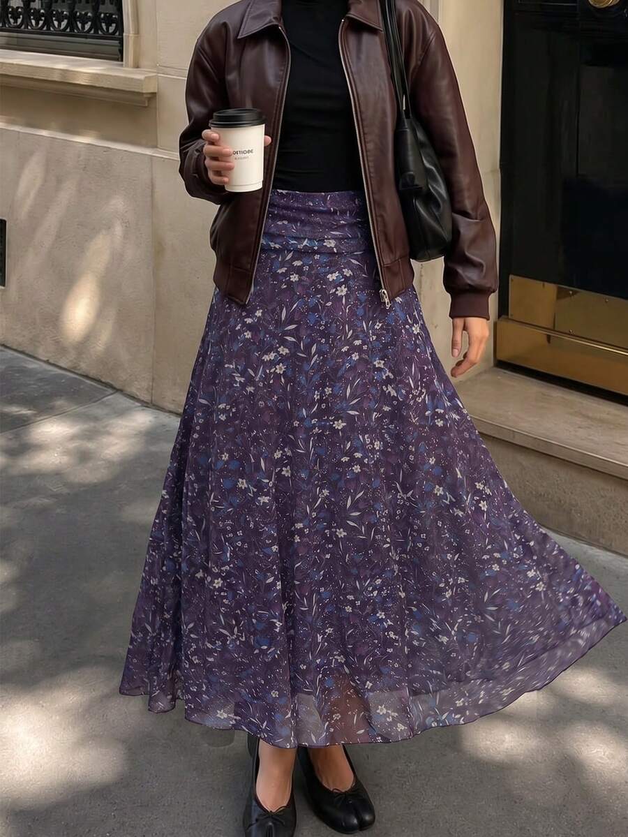 Women's All-Over Print Pleated Casual Versatile Daily Wear Skirt - Purple - View 1