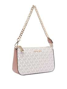 Michael Kors MK Jet Set Medium Signature Logo Flap Bag, Women's Fashion Metal Chain Shoulder Bag, Zipper Square Handbag, Suitable For Shopping, Travel And Daily Wear - White Pink - View 1