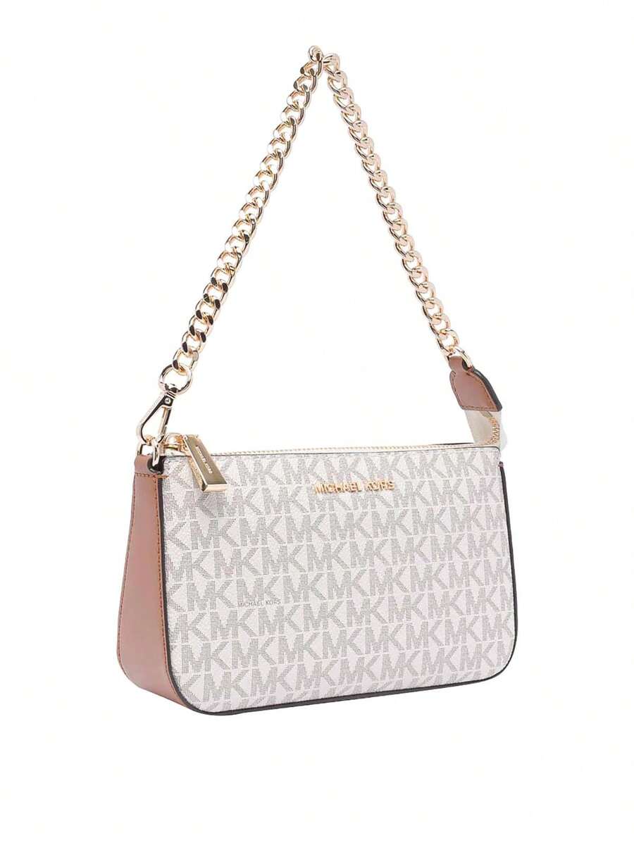 Michael Kors MK Jet Set Medium Signature Logo Flap Bag, Women's Fashion Metal Chain Shoulder Bag, Zipper Square Handbag, Suitable For Shopping, Travel And Daily Wear - White Pink - View 1