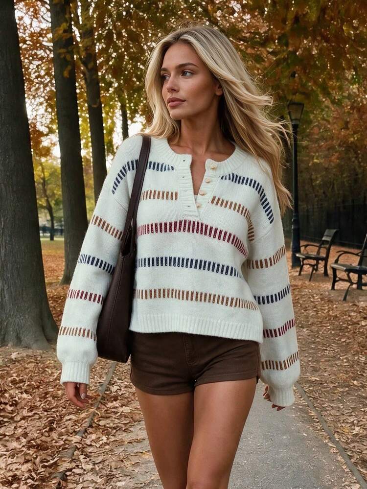 Nicenter Women's Autumn Round Neck Half-Button Colorful Dropped Shoulder Striped Sweater, Suitable For Winter Wear, New Year - Multicolor - View 10