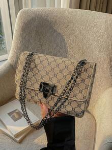 Women's Crossbody Bag, Monogram Canvas Flap With Gunmetal Chain, Turn-Lock Closure, Vintage Chic For Daily Wear, Party & Dating - Khaki - View 3