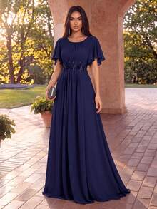 Elegant Embroidered Ruffle Sleeve Applique Pleated Chiffon Bridesmaid Dress, Formal Evening Gown For Wedding Guest Spring - Navy Blue - View 2