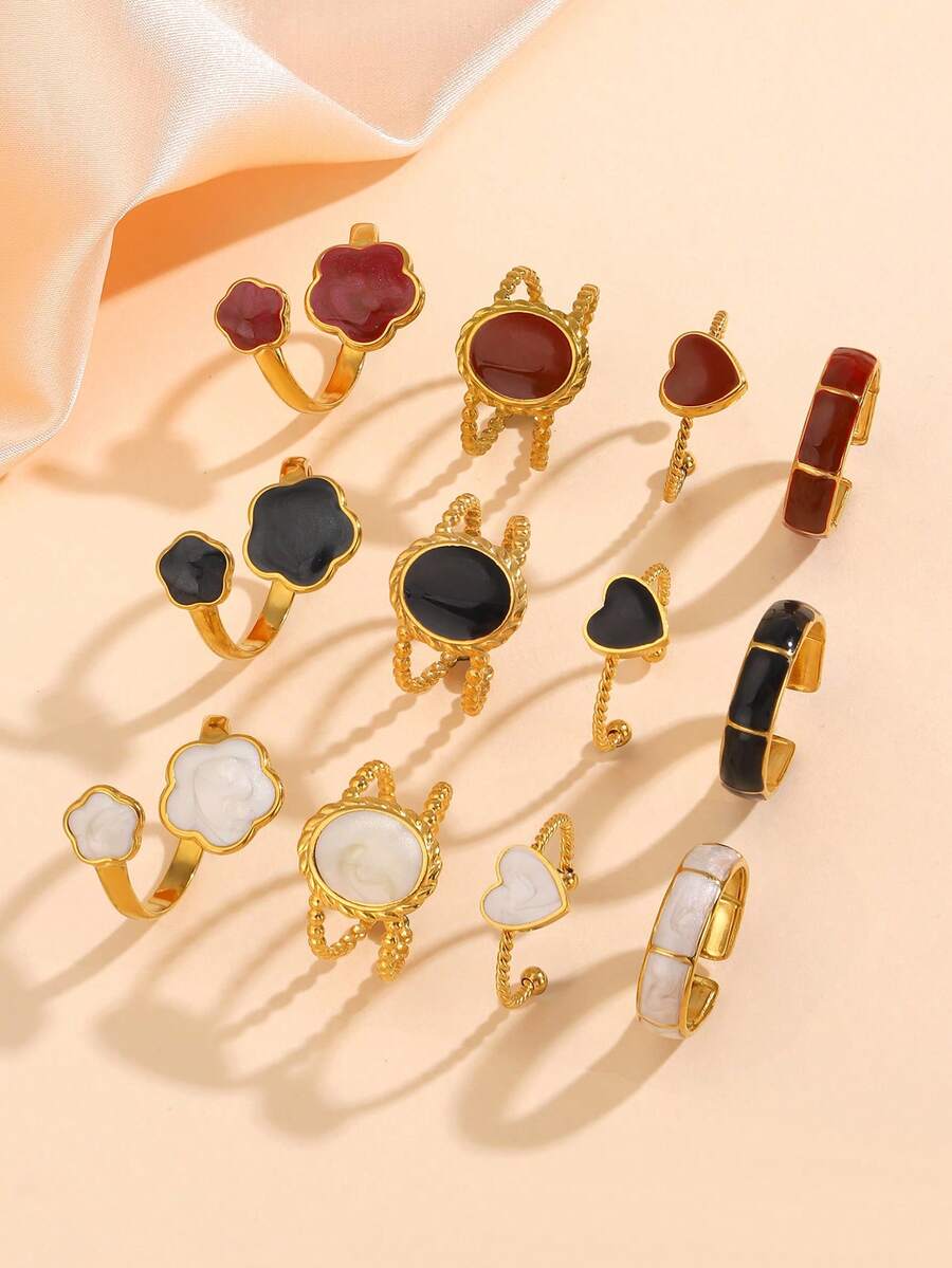 4pcs Stainless Steel 18K Gold Plated Geometric Bamboo, Heart, Flower, Oval Black White Red Drip Oil Open Ring Set. Minimalist Niche Design Suitable For Women's Daily Wear. - Multicolor - View 1