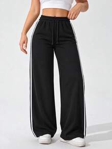 Women Black Wide Leg Pants With Drawstring Elastic Waist And Double Side Stripes Casual Full Length Trousers For Daily Wear - Black - View 3