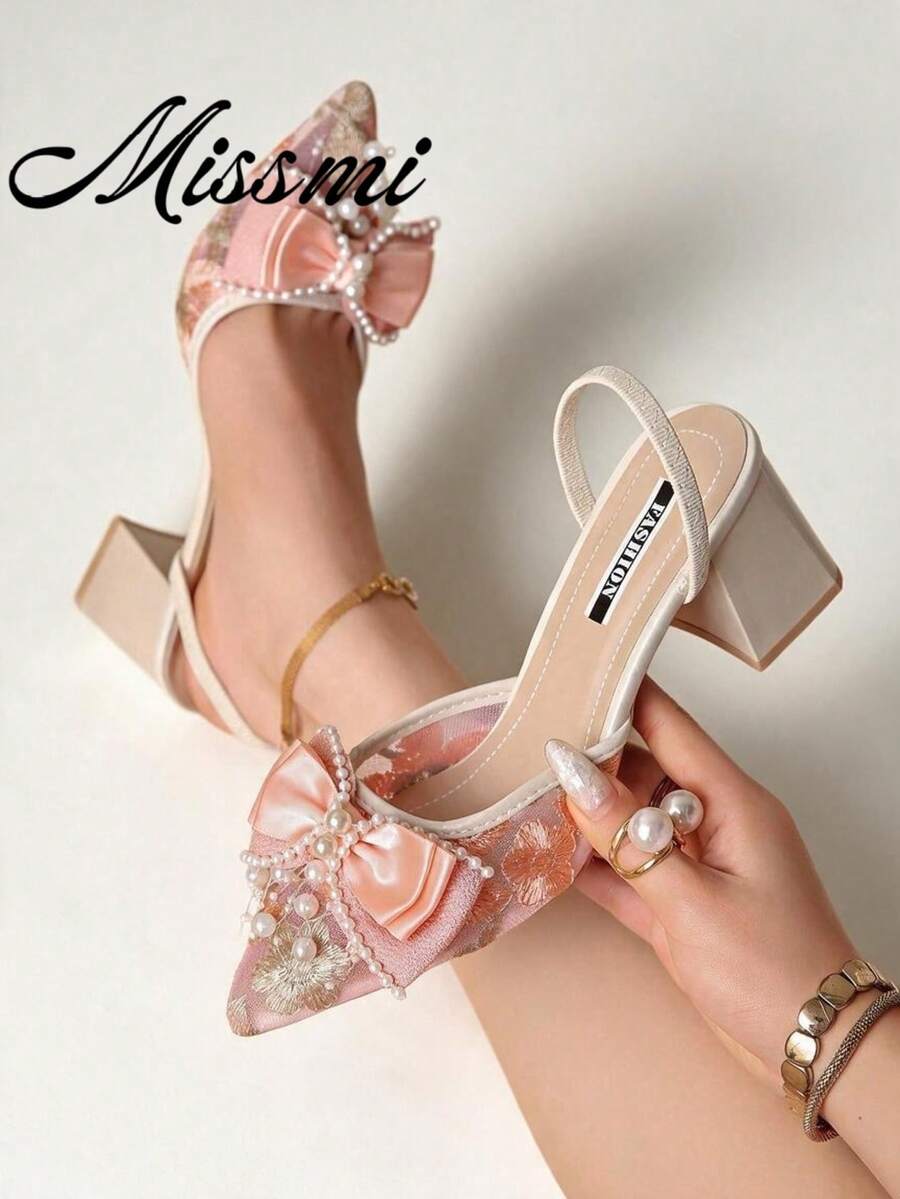 New Chinese Style White Bow Mesh High Heel Mules, Women Pointed Toe Lace Embroidery Slip-On Sandals, Thin/Thick Heels,Wedding Outfits,Summer Outfits - Pink - View 1