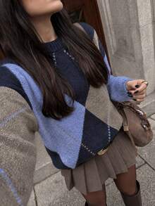 Autumn/Winter Fashion Romantic Elegant Three-Color Patchwork Round Neck Long Sleeve Sweater - Light Brown and Blue Color-block - View 5