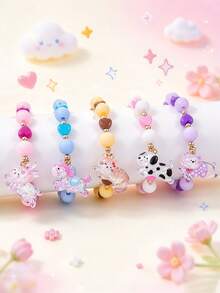 5Pcs Girls Elastic Bead Bracelet, Sweet Resin Shiny Rabbit Bear Cat Dog Glitter Pendant Bracelet, Children Cute Costume Jewelry Accessory - Multicolor - View 1