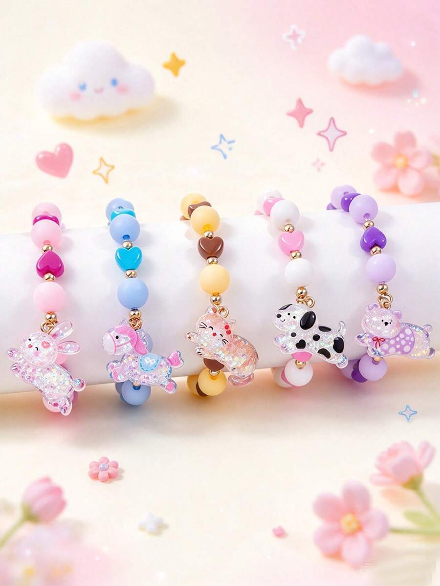 5Pcs Girls Elastic Bead Bracelet, Sweet Resin Shiny Rabbit Bear Cat Dog Glitter Pendant Bracelet, Children Cute Costume Jewelry Accessory - Multicolor - View 1