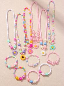 2Pcs Girls Flower Beaded Necklace Bracelet Set Random Color Kids Birthday Party Gift - Multicolor - View 12