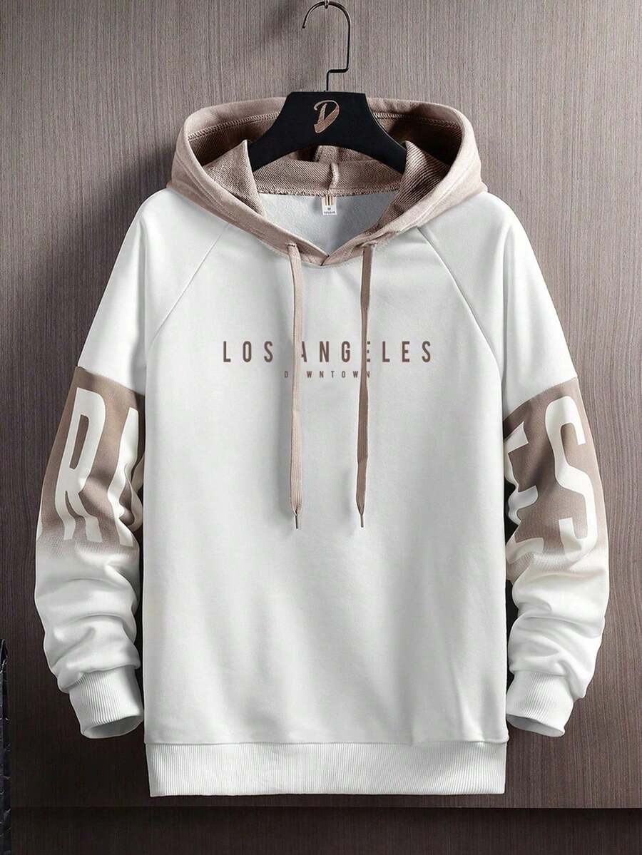 Men's Spring/Autumn Thin Colorblock Letter Print Drawstring Hooded Sweatshirt, Slim Fit Sports Casual Top - White - View 1