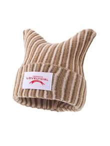 1pc Men's Fashion Versatile Striped Letter Patchwork Horn Knit Beanie Hat, Warm Woolen Cap For Autumn/Winter Daily Wear And Outfits - A - View 5