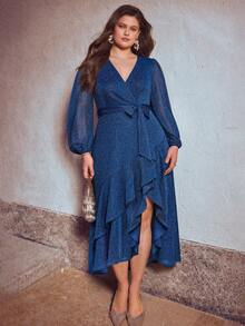 Simplee Women's Plus Size French V-Neck Asymmetrical Ruffle Hem Long Dress, Fashionable Elegant Evening Gown, Suitable For Dinner, Party, Wedding Guest, Christmas - Navy - View 4