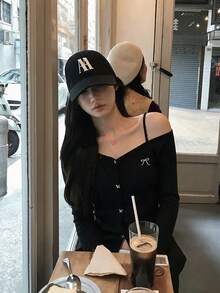 Korean Style Asymmetrical Shoulder Bow Long Sleeve T-Shirt Women Autumn Slim Fit Adjustable Shoulder Strap Asymmetrical Shoulder Top - Black - View 1