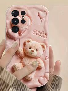 1pc Creamy Big Wave Ins Shockproof Anti-Drop Protective Phone Case, Pink Wavy Edge TPU Phone Shell, Cute 2D Printed Teddy Bear Heart-Shaped Balloon And CUTE Letter Print Pattern Anti-Drop Soft Protective Phone Case, Soft TPU Material, Shockproof Anti-Drop Anti-Scratch Protective Phone Case, Suitable For Women Pursuing Bohemian Style, Compatible With Samsung, Series Phones - White - View 5