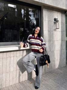 Joy Knit 女款針織毛衣 秋冬時尚新款 百搭上衣 優雅極簡休閒百搭 彩色條紋撞色翻領寬鬆長袖針織上衣 女士上班穿搭 外出上衣 派對 節慶 生日 海灘 - 酒紅+杏色 - 查看 6