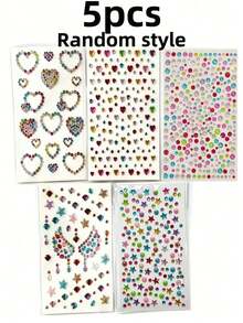 Approx. 700pcs Rainbow 3D Glitter Gem Stickers, 5 Sheets Shiny Heart & Star Shaped Self-Adhesive Rhinestone Diamond Design Stickers, Suitable For Makeup And Clothing, Multi-Color Diamond Face Gems, Perfect For Valentine's Day, Holidays, Parties And Events - Multicolor - View 11