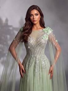 IBTRLY Spring/Summer New Elegant Luxury Green Sequin Beaded Floral Decor High Slit Mesh Formal Evening Gown Suitable For Party, Wedding, Graduation, Birthday, Celebration, Prom, Homecoming, Vacation, Date - Green - View 5