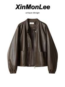 American Retro Loose Fit Stand Collar Motorcycle Leather Jacket PU Short Jacket Spring Casual Top Elegant Travel Vacation - Brown - View 1