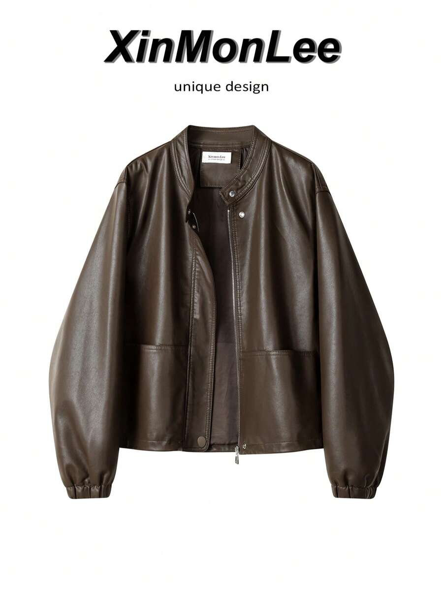 American Retro Loose Fit Stand Collar Motorcycle Leather Jacket PU Short Jacket Spring Casual Top Elegant Travel Vacation - Brown - View 1