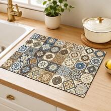 1pc Plaid Illustration Pattern Diatomaceous Earth Absorbent Drying Mat, Kitchen Countertop Dish Drying Pad, Coffee Machine Mat, Bowl & Plate Drying Mat, Dining Table Breakfast Mat, Non-Slip Heat-Resistant Easy To Clean Hidden Water Stains, Suitable For Kitchen, Dining Table, Coffee Shop, Bar, Home Decor, Holiday Gift - Multicolor - View 4