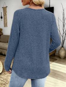 Plus Size Women Solid Color Ribbed V-Neck Long Sleeve Casual Everyday Vacation Top - Dusty Blue - View 3