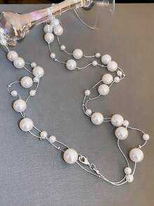 1pc Fashionable Long Faux Pearl Necklace, Minimalist Elegant Sweater Chain, Versatile For Autumn/Winter - Pearl - View 6