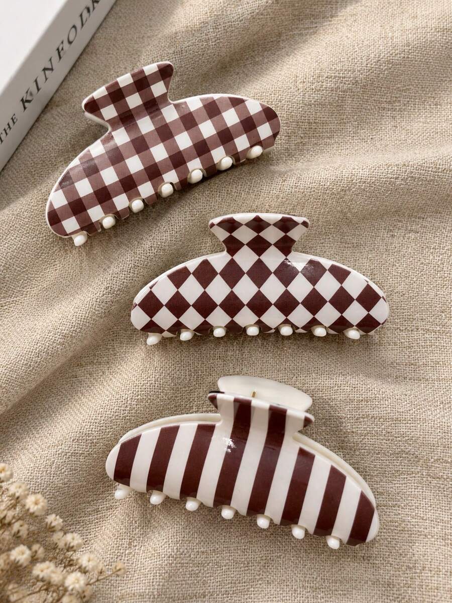 1/3pcs Brown Vertical Striped Print Metal Half-Moon Hair Clips, Hair Accessories, Gentle Elegant Romantic Atmosphere, High-End Versatile - Rust Brown - View 1