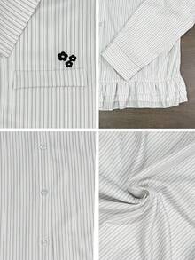 Korean Style Casual Vertical Striped Collared Long Sleeve Shirt With Small Embroidery Pocket, Waist-Cinching Ruffle Hem, Slimming Fit For Women, Autumn/Winter - White Stripes - View 8