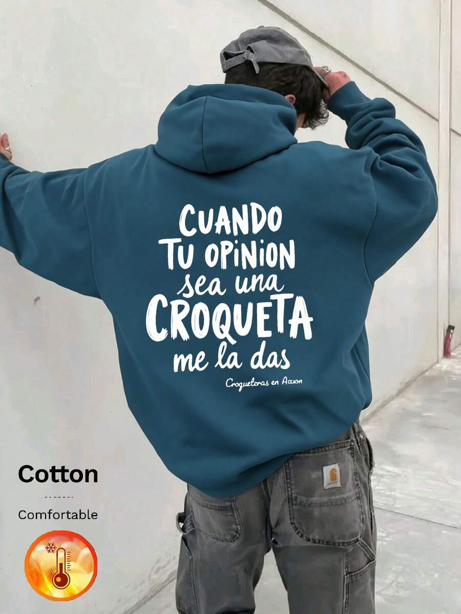 Men's Fleece Hoodie With Spanish Print On Back, Y2K Style, Autumn/Winter - Cow Blue - View 1