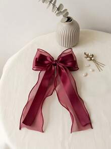 2/1pc Large Elegant Satin Chiffon Ribbon Bow Hair Clip With Long Tail, French Vintage Hair Accessory, Summer Hairband For Women - Burgundy - View 5