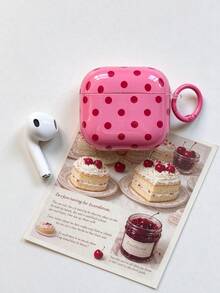 Exquisite Pink Polka Dot Earphone Case, Smooth Glossy Hard Shell, With Portable Keychain, Anti-Drop Full Coverage Wireless Earphone Protective Cover, Cute Girly Style Earphone Decoration, Suitable For School And Travel - Rose Red - View 1