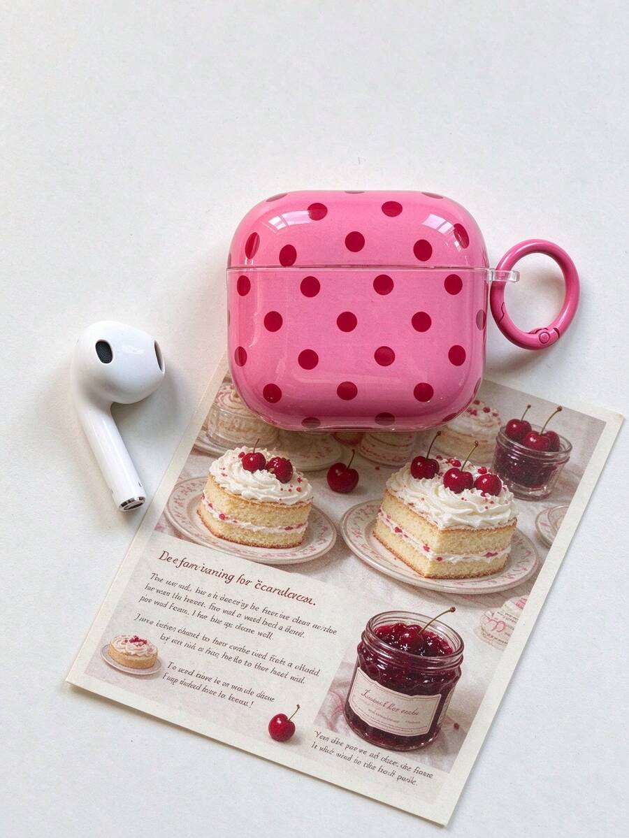 Exquisite Pink Polka Dot Earphone Case, Smooth Glossy Hard Shell, With Portable Keychain, Anti-Drop Full Coverage Wireless Earphone Protective Cover, Cute Girly Style Earphone Decoration, Suitable For School And Travel - Rose Red - View 1
