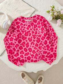 Girls' Casual Fashion Fuchsia Random Print Large Scoop Neck Long Sleeve T-Shirt Top, Spring/Autumn - Hot Pink - View 2
