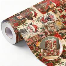 1 Roll Vintage Holiday Animal Collage Pattern Gift Wrapping Paper, Hand-Drawn Style Gift Wrap, DIY Handmade Decoration Material, Suitable For Holiday Gifts, Party Supplies And Creative Projects 17*196 Inches - Multicolor - View 1
