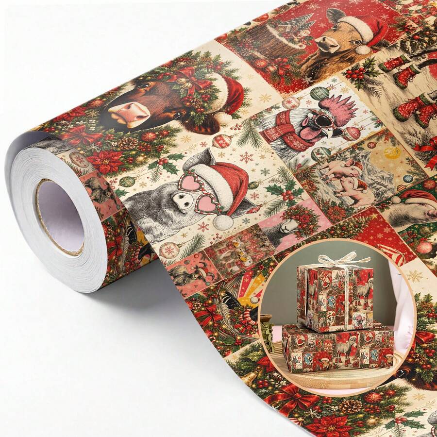 1 Roll Vintage Holiday Animal Collage Pattern Gift Wrapping Paper, Hand-Drawn Style Gift Wrap, DIY Handmade Decoration Material, Suitable For Holiday Gifts, Party Supplies And Creative Projects 17*196 Inches - Multicolor - View 1