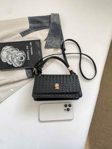 時尚 PU 翻蓋編織紋理五金手提包 - 黑色 - 查看 6