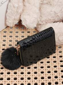 Fashionable Women's Animal Pattern Short Zipper Wallet, Adorned With A Delicate Pom-Pom, Suitable For Commuting And Shopping - Black - View 8