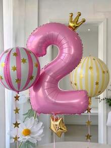 Pink Crown Number Balloon Set, 40 Inch 1-9 Pink Crown Number Balloons, 28 Inch Pink Birthday Photo Frame Balloon, 22 Inch Pink & Yellow 4D Foil Balloons, With Macaron Color Tassel Garland, Birthday, Wedding, Bachelorette Party Decoration Props - Pink Crown Number Balloon Set - View 10