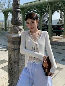 Sexy Hollow Out 2 In 1 Tie-Front Cardigan Women's T-Shirt Short Lace Patchwork Long Sleeve Base Layer Top - White - View 6